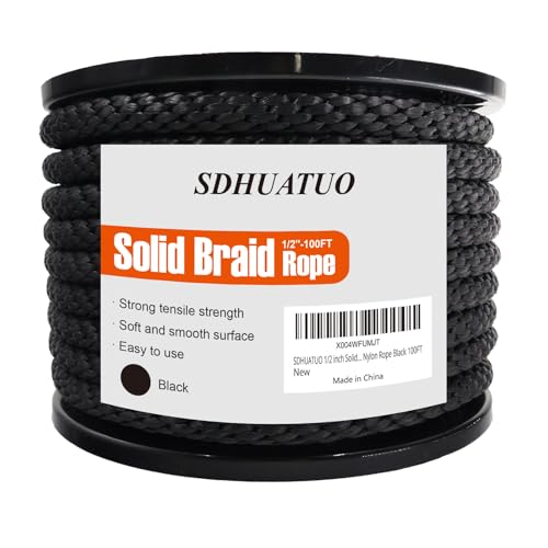 SDHUATUO 1/2 Inch Nylon Solid Braided Rope, 100FT Polyester Cord, Black | 2860 lbs, UV Resistant & Wearproof, Soft Flexible Rope for Swings, Camping Tent, Flagpole, Marine and Outdoor Twine, Boating - color: Black, size: 1/2''-100ft