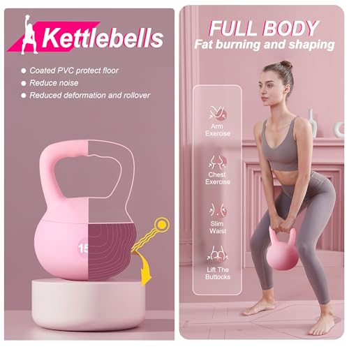 soges PVC One-Piece Kettlebell with Wide Handles, Strength Training Kettlebells 5lb to 35lb Optional for Women of Different Levels, Iron Sand Filled Soft Kettlebell - color: 15lbs - Pink