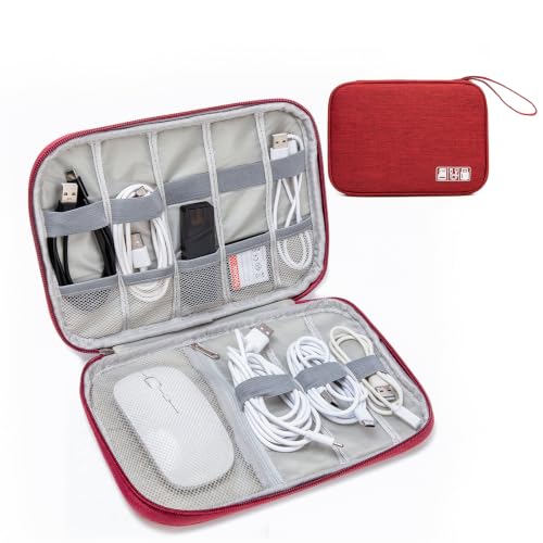 Cord Organizer Travel Case, Cable Organizer Bag for Chargers, USB Cables, Power Bank & Electronics Accessories, Portable Tech Organizer Pouch with Mesh Pockets, Water Resistant Travel Gear Bag - color: red, size: S