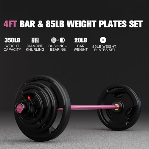RitFit Barbell Weight Set - 4/6FT Olympic Barbell with Weight Plates (55-115LB Total) - Weightlifting Equipment for Squats, Curls, Deadlifts, Presses, Hip Thrusts - color: Black/Pink, size: 4FT With 85LB Plates