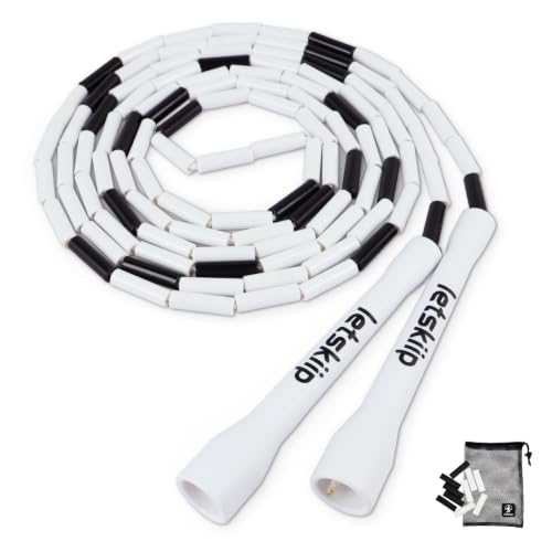 Classic Beaded Jump Rope, Adjustable Tangle-Free Set | 4 styles, segmented skipping rope with shatterproof PP beads, for indoor/outdoor fitness, kids & adults, 10 spare beads & bag - color: White/Black