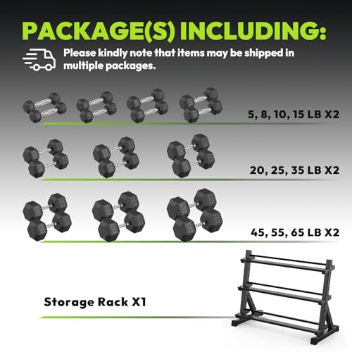 HANDBODE Dumbbell Set with 3-Tier Rack, 390-790 lb | Heavy Duty Weight Stand for Dumbbells, Space-Saving Metal Storage Organizer, Sturdy Dumbbell Holder for Home Gym - style: 566 lb Set (5-65 lb) *2 & Rack