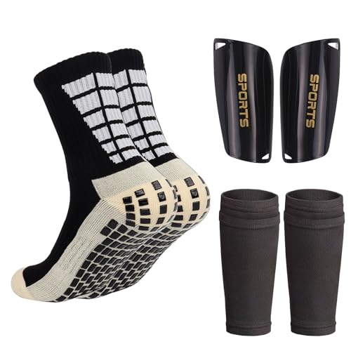 Soccer Socks with Shin Guard for Men, 1 Pairs Mens Grip Soccer Socks and 1 Pairs Shin Sleeves with Shin Guards, Footaball Equipment Shin Sleeves with Pads for Adults - color: black