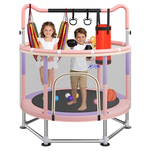 Full Wrap-Around Double Ring Legs 440lbsToddler Trampoline with Net,Trampoline for Kids - color: Pink, size: 60''