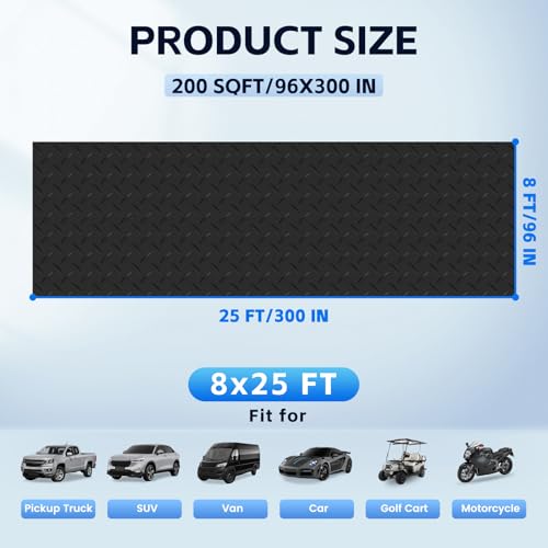 StellarStar 8x25 FT Garage Floor Mat, 2.8mm Thickened PVC Flooring Roll for Under Car, 200 SQFT Diamond Plate Black Garage Mats for Garage, Warehouse, Basement, Factory, Trailer (Include Tapes) - color: Black, size: 8x25 FT
