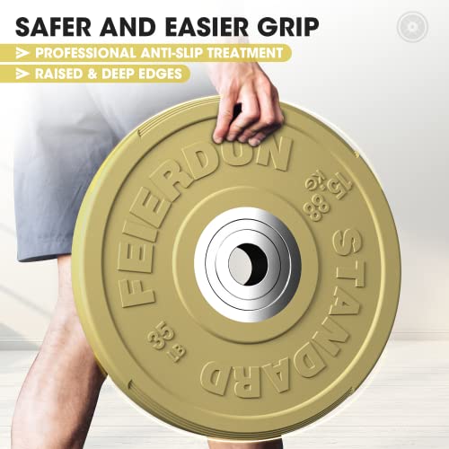 FEIERDUN Color Bumper Plate Set, 2-Inch Olympic Weight Plates, Low Bounce Rubber Barbell Plates with Stainless Steel Insert for Weightlifting, Strength Training, CrossFit & Home Gym, 10LB-370LB - style: D) 35LBS Single