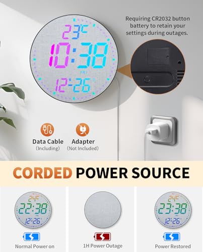 12" Large Digital Wall Mount Clock, Count Down Timer, Alarm, Big LED, 12 RGB Color, Temperature for Living Room Classroom Desk, Xmas, Birthday Gift for Senior Mom (Fabric Elements) - style: Black shell - Fabric Elements