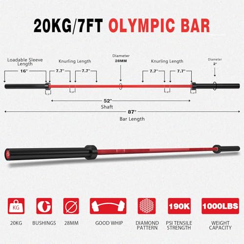 7ft Olympic Barbell for Strength Training, Olympic Weightlifting | 500 700 1000LBS Capacity, 2 Inch 45lb Weight Bar for Squat, Home Gym Fitness Equipment, Bench Press, Deadlift, Powerlifting - color: Red-1000LBS
