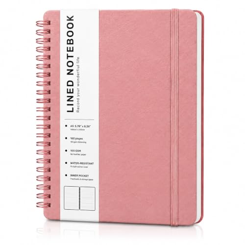 Lined Spiral Journal Notebook with 160 Pages, 8×5.7in, A5 Spiral Notebook, Journaling Notebooks for Work, School, Women, Men, College Ruled Spiral Notebook, Hardcover Leather Journals, Light Red - color: Light Red, size: A5