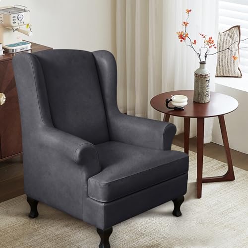 ANARACHON Leather Look Wingback Chair Covers, 2-Piece Wing Chair slipcover,Stretch Wing Back Armchair Slipcovers with Elastic Bottom, Soft Spandex Furniture Protector for Living Room(Cement Grey) - color: Cement Grey