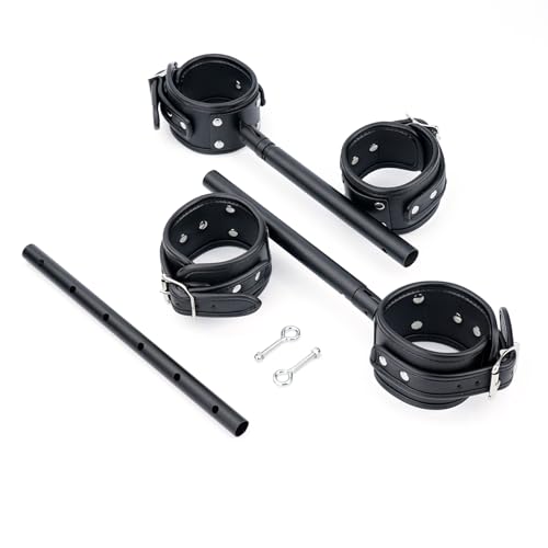 Heavy Duty Stainless Steel Expandable Spreader Bar with 4pcs PU Black--Pink Skull Pattern Detachable Adjustable Straps,Workout Bar for Home Indoor Gym Training Kit - style: Integration Black+Black PU Kit