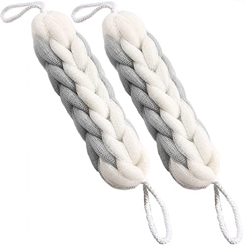 AARAINBOW 2 Packs Upgraded Long Stretch Back Sponge with Rope Handles Back Scrubber Bath Shower Mesh Sponge Exfoliating Body Scrub Stretch Braided Loofah for Men Women Loofah Rope (2 Gray) - color: 2 Gray