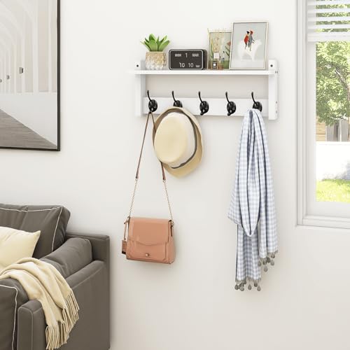 Homode Wall Shelf with Hooks, Coat Rack Wall Mount with Pegs, Hanging Entryway Coat Hanger, Wood and Iron Shelf for Bathroom, Hallway, Bedroom, White - color: White, size: 17.1 Inch Long