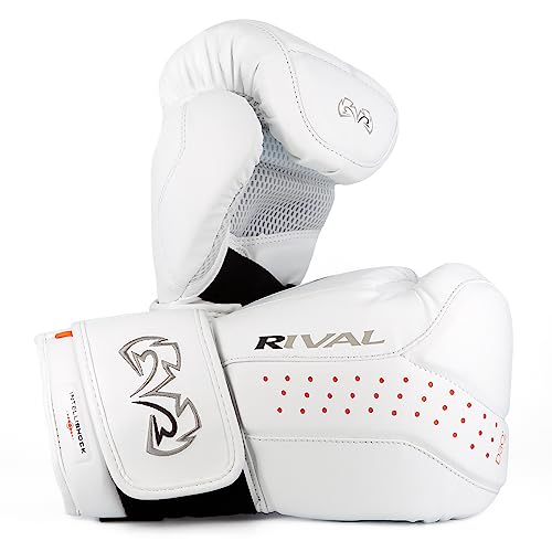 RIVAL Boxing RB10 Intelli-Shock Bag Gloves, Hook and Loop Closure - Ergonomic Fit, 1.25” of Closed Cell Foam for Intense Bag Use - color: White, size: Medium