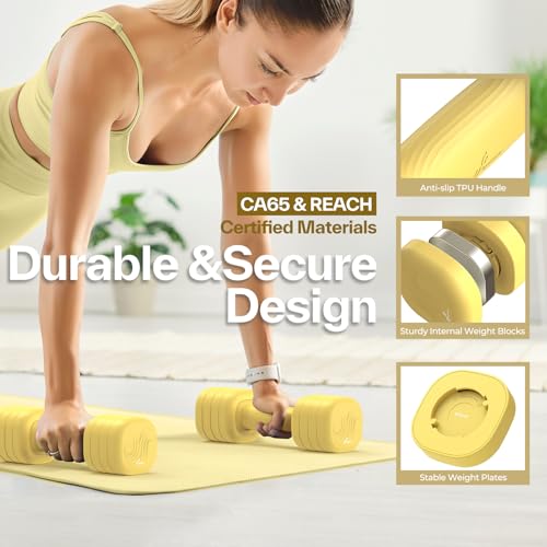 Adjustable Dumbbell Set of 2: Sportneer 4 in 1 Free Weights Dumbbells Set for Women, Hand Weights for Women at Home, Available in 5 lb × 2 and 10 lb × 2 Sets with Soft Rubber Handle for Home Gym Exercise Training - color: Butter Yellow, size: 5lb × 2