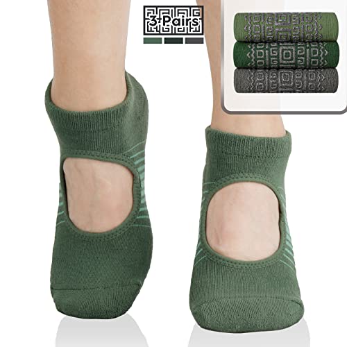 unenow Non Slip Grip Yoga Socks for Women with Cushion for Pilates, Barre, Home - color: Three Pairs Stripes-dark Green/Grey/Green