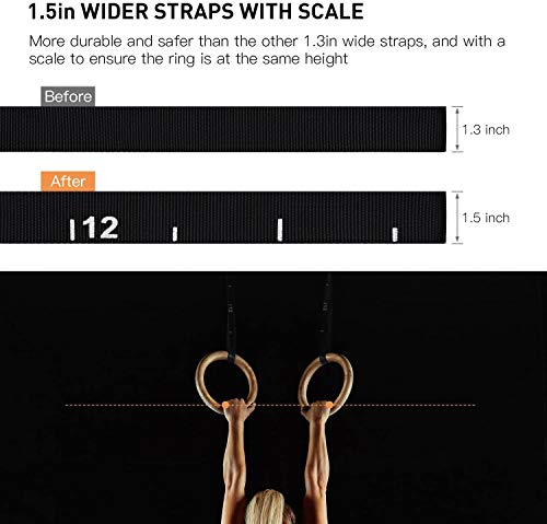 PACEARTH Gymnastics Rings Wooden Olympic Rings 1500/1000lbs with Adjustable Cam Buckle 14.76ft/9ft Long Straps with Scale Non-Slip Gym Rings for Home Gym Full Body Workout - size: 1.1" (28MM) Rings & Straps