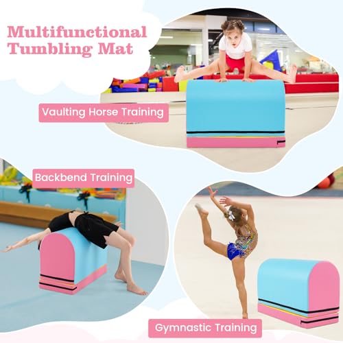 Goplus Mailbox Tumbling Mat, Gymnastics Vaulting Box w/Detachable Mat, Carrying Handle, Premium PU Leather, Portable Jumping Tumbling Aid Trainer for Kids Home Gyms Exercise - color: Baby Blue+Pink