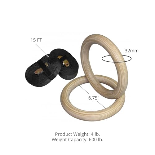 Titan HD Wall Mounted Pull Up Chin Up Bar with 8 in. Wood Olympic Gymnastic Rings - 1.5 in. W Heavy Duty Thick Straps &