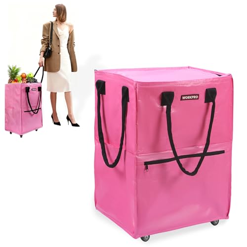 WORKPRO Large Rolling Grocery Bag, 36-Gallon Rolling Tote with 5 Wheels | Reusable Grocery Bag on Wheels, Holds Up to 110 lbs, Heavy Duty Rolling Tote for Groceries, Laundry, Moving & Storage - color: Pink, size: Large