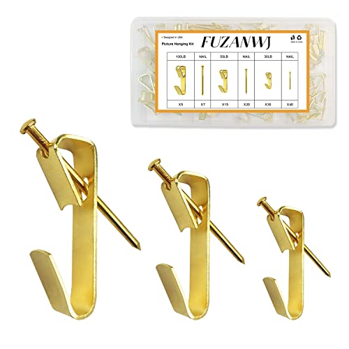 50pcs Picture Hangers with Different Sizes, Heavy Duty 30-100lbs Picture Hanging Hooks with Nails, Wall Hangers,Picture Hooks,Professional Plaster Picture Hanging Kit for Wooden Wall or Drywall - size: Gold 30-100lbs