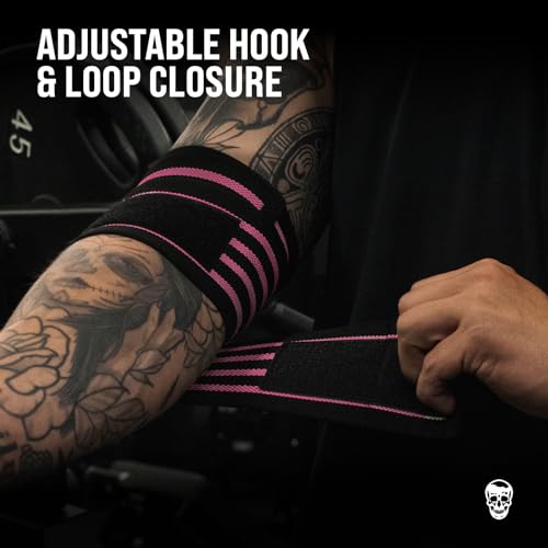 Gymreapers Weightlifting Elbow Wraps (1 Pair) - Flexible 40'' Elbow Compression Strap & Joint Support Brace - for Bench Press, Powerlifting, and Pressing - color: Pink