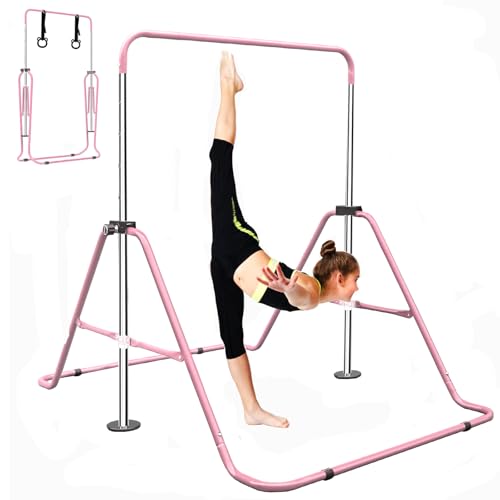 Gymnastic Bars for Kids with Attachable Rings, Height Adjustable Junior Training Horizontal Bars, Foldable Gymnastic Training Kip Bar for Home - color: Pink