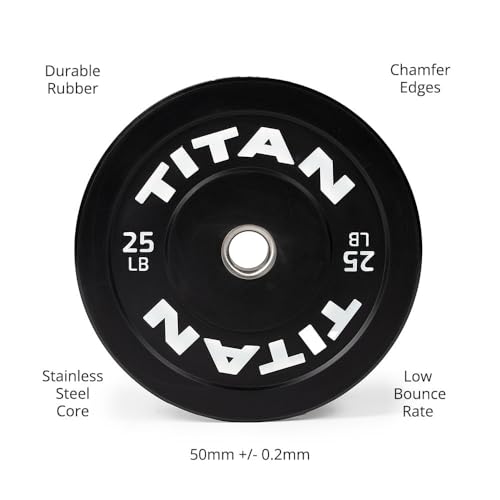 Titan Fitness Economy Series Black Olympic Bumper Plates, Durable Rubber Exterior with Steel Core, Weightlifting and Strength Training Weight Plate - size: 25 LB Pair