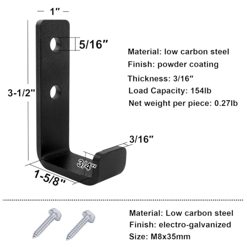 4 Pack 1-5/8" Heavy Duty Steel J Hook, Wall Mount Garage Hanging Bracket | Black, 154 lbs Capacity - size: 1-5/8 Inch