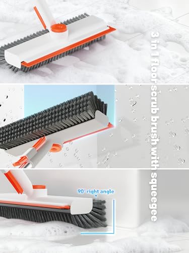 Floor Scrub Brush with Long Handle, 3 in 1 Deck Brush with Squeegee | 360° Swivel, Dual-side Bristle Floor Scrubber with Tweezer for Tile Wall Bathtub Patio Garage Pool Kitchen (Orange and White - color: Orange and White