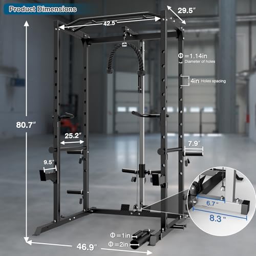 ULTRA FUEGO Power Cage, Multi-Functional Power Rack with J-Hooks, Dip Handles, Landmine Attachment and Optional Cable Pulley System for Home Gym - size: Power Cage Black With Pulley System and Flat Bench