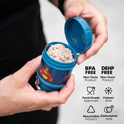 Smartshake Justice League Whey2Go Superman Protein Powder Storage Container 50g – BPA Free Shaker Bottle Funnel for Whey Protein Powder + Protein Shakes 110ml, DC Comics Superman Gifts for Men - color: Superman