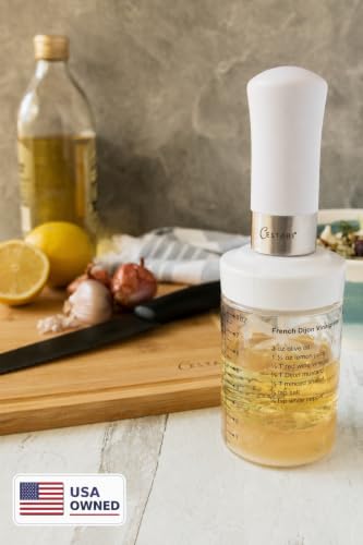 Original Salad Dressing Shaker: Borosilicate Glass Bottle with Mixer Insert | Leak-Proof Salad Dressing Blender and Dispenser with Measurements + Recipes, Reusable Vinaigrette Cruet - color: White