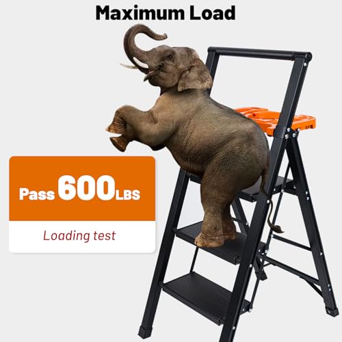 Aluminum 3 Step Ladder with Tool Tray - 600lbs Heavy Duty Lightweight Step Stool with Extended Handrails, Work Platform for Home Maintenance & DIY Projects (Black&Orange)