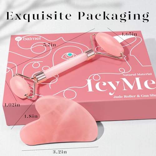 BAIMEI IcyMe Rose Quartz Roller & Gua Sha Set, Cooling Face Roller for Depuffing & Lymphatic Massage, Sculpting Tool for Face, Eyes & Neck, Smooth Skincare Gift for Women and Men - color: Pink