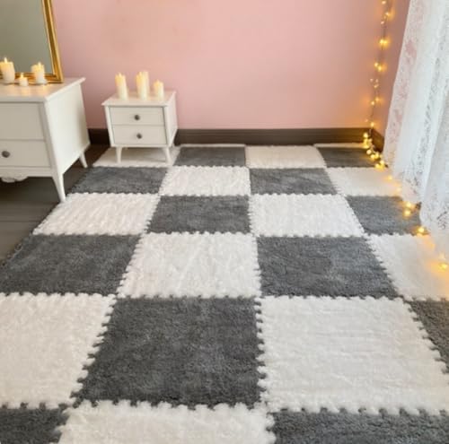 12Pcs Plush Foam Floor Mat,Plush Interlocking Carpet Tiles,Anti-Slip Square Puzzle Floor Mat,EVA Foam Area Rugs for Bedroom Playroom (White+Grey) - color: White+grey