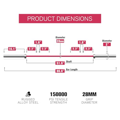 RitFit Elite 7ft Olympic Barbell, Robust 45lb Barbell for Weightlifting and Powerlifting, Superior Olympic Bar with Exceptional 500lbs Load Capacity, Weight Bar for 2” Standard Plates - color: Silver/Pink, size: 7 ft 1200 lb 45 lb without Collar