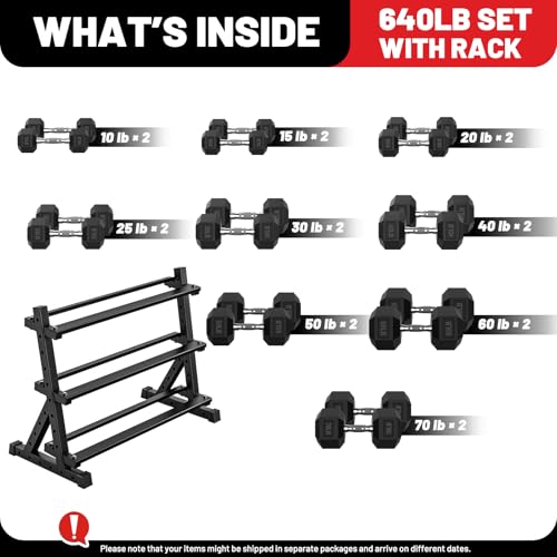 PAPABABE Dumbbell Set with Rack, 540-850lb, Rubber Encased, Home Gym | Complete & Durable Cast Iron Core Odorless PVC Antiroll Hex Shape Ergonomic Chrome Handle Versatile Home Gym - size: 640LB with 3-Tier Weight Rack