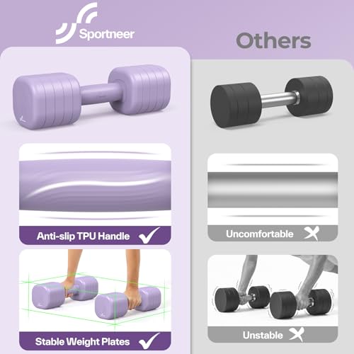 Adjustable Dumbbell Set of 2: Sportneer 4 in 1 Free Weights Dumbbells Set for Women, Hand Weights for Women at Home, Available in 5 lb × 2 and 10 lb × 2 Sets with Soft Rubber Handle for Home Gym Exercise Training - color: Aura Lavender, size: 10lb × 2