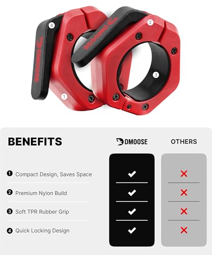 DMoose Fitness Barbell Clips 2 Inch (Pair) - Quick Release Olympic Barbell Clamps & Collars with Anti Slip TPR Grip for Secure Weightlifting and Powerlifting - Weight Clips for Bars at Home or Gym - color: Red, style: Magnetic