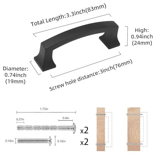 COTYKILEY 10 Pack 3 Inch(76mm) Matte Black Cabinet Handles Black Kitchen Cabinet Pulls Cabinet Door Handles Kitchen Cabinet Hardware - color: Matte Black, size: 3" Hole Center（76MM）
