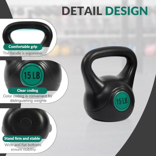 3-Piece Wide Grip Kettlebell Set, 5 10 15 lbs Vinyl Coated Black Weights | 3-Piece Wide Grip Kettlebell Set5/10/15 lbsVinyl Coated Full Body Workout, Durable, for Home Gym Strength Training