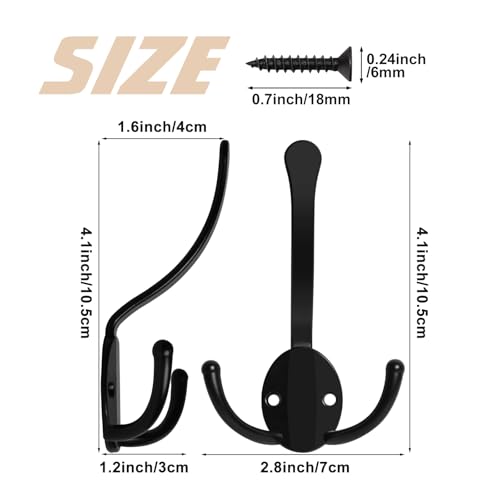 Homanu 40 Pack Coat Hooks Heavy Duty, Metal Three Prongs Large Coat Hooks Wall Mounted with 80 Screws, No Rust Black Rustic Wall Hooks for Hanging Towel, Coat, Scarf, Bag, Hat, Cup, Key - color: 40 Pcs Black
