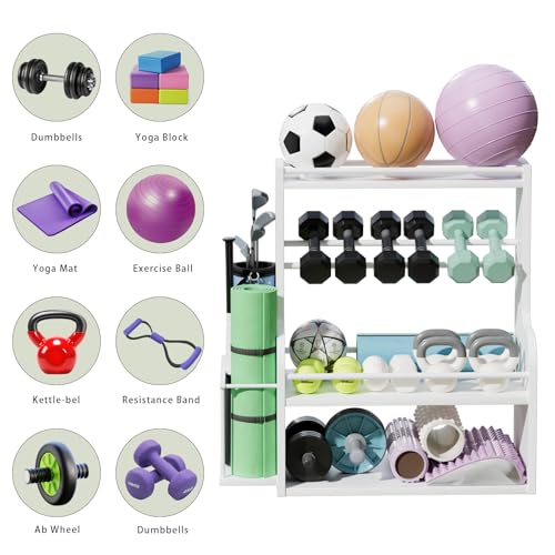 APRTAT Bamboo Dumbbell Rack, Adjustable Weight Rack for Home Gym, All-in-One Workout Equipment Storage for Dumbbells, Kettlebells, Yoga Mats & Balls - color: White