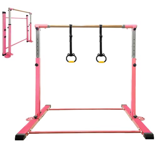 Gymnastics Bar for Kids Girls Ages 3-15 with Ring for Home Indoor Training Equipment- Steady Steel Construction, Anti-Slip, Easy to Assemble, 3' to 5' Adjustable Height - color: PINK, size: 4.8FT, style: WITH RING