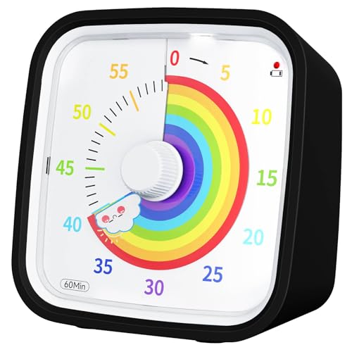 Yunbaoit Rainbow Visual Timer for Kids, 60-min Countdown Timer, Black | Protective Case, No Ticking, Mute and Ringing Alarm Available, Time Management Tool, Low Power Reminder, for Study,Game,Work - color: Black Rainbow