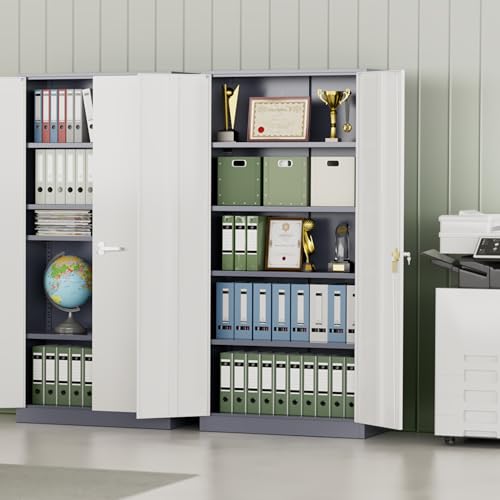INTERGREAT Metal Storage Cabinet for Garage,72" Lockable Storage Cabinets with Doors and Adjustable Shelves,Steel Locking Cabinet for Garage,Office,Home,Gym,School (White Grey) - color: White Grey, size: MSC-D18
