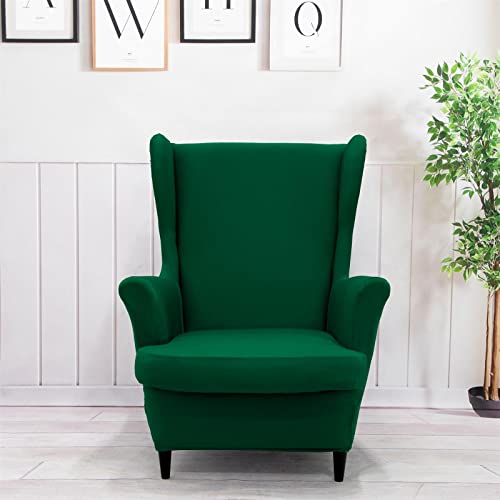 NILUOH Wingback Chair Cover 2-Piece Soft Stretch Wing Chair Slipcover Solid Color Armchair Sofa Couch Cover Furniture Protector with Elastic Bottom for Living Room Bedroom (Dark Green) - color: Dark Green
