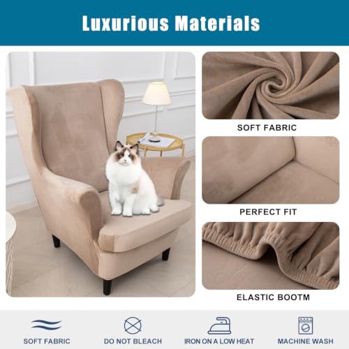 NILUOH Thick Velvet Wingback Chair Slipcovers 2-Piece, Stretch Wing Chair Covers Soft Sofa Slipcover Wing Back Armchair Cover Furniture Protector for Living Room - color: Khaki