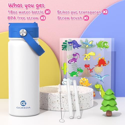 18oz Kids Water Bottle, Insulated Water Bottles with Stickers, 18/8 Stainless Steel Vacuum Leak Proof Straw Cup for School, Gifts for Boys Girls(Blue,White) - color: Blue White